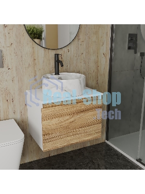 Комплект: тумба Bau Dream Blackwood 60, 1 ящик, Раковина круглая накладная BAU Element D41, мрамор, смеситель Hotel Dream Black, черный матовый