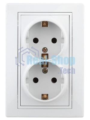Розетка Intro Plano 1-205-01 с заземлением двойная 2X2P+E Schuko, 16А-250В, IP20, СУ, белый
