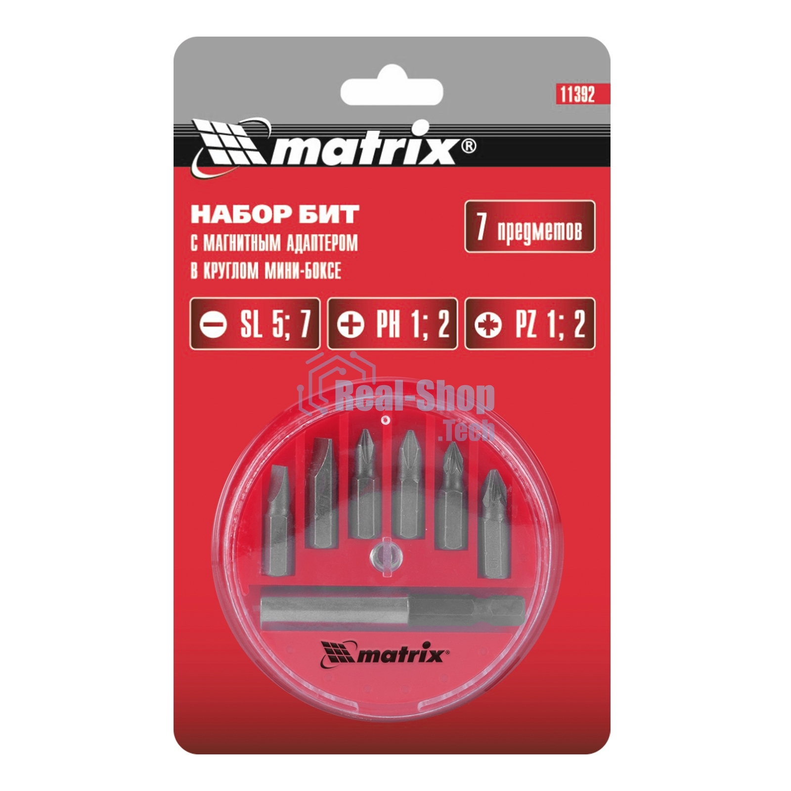 Набор бит Matrix, магнитный адаптер для бит, сталь 45Х, 7 предм., в пласт. закрытом боксе