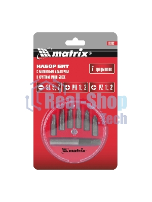 Набор бит Matrix, магнитный адаптер для бит, сталь 45Х, 7 предм., в пласт. закрытом боксе