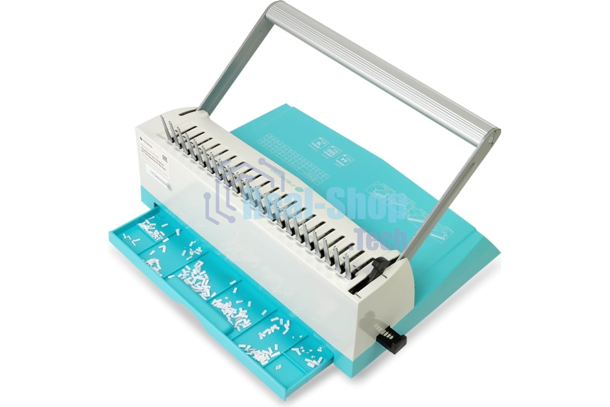 Переплетчик ГЕЛЕОС БП-16 бирюзово-белый на пластиковую пружину, А4, ручная перфорация 16 листов, переплет макс до 500 л., глубина перфорации 2-3-4-5 мм