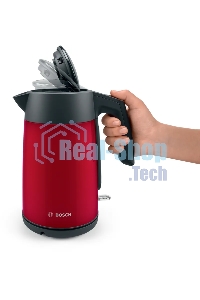 Чайник электрический Bosch TWK7L464, 1.7л, 2400 Вт., нерж.сталь, покрытая эмалью, красный,шкала уровня воды