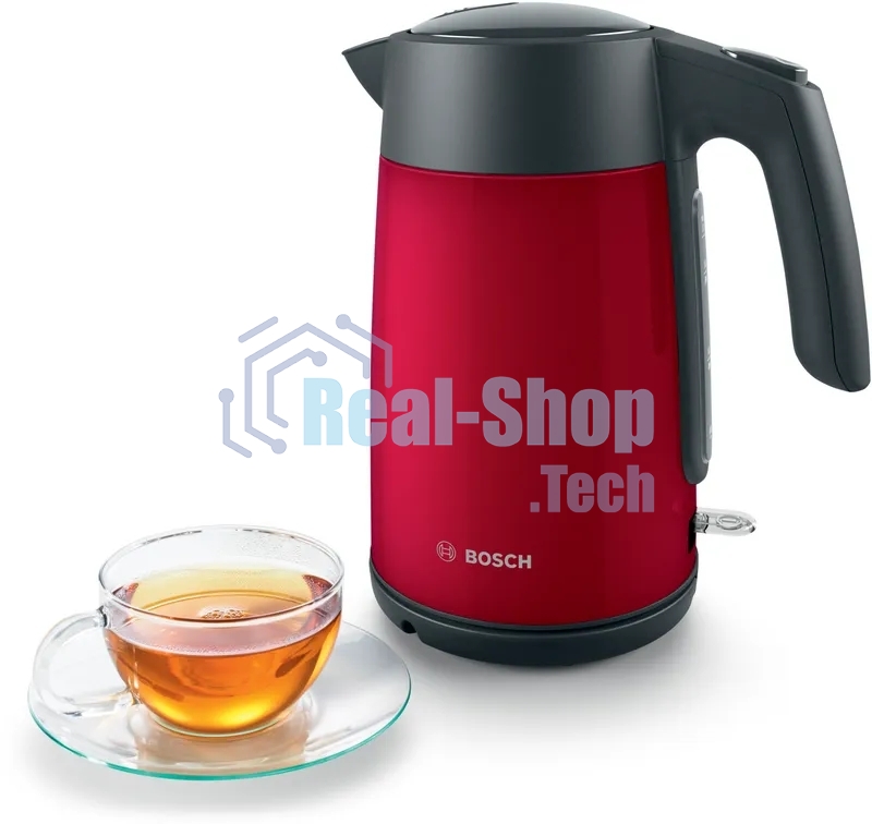Чайник электрический Bosch TWK7L464, 1.7л, 2400 Вт., нерж.сталь, покрытая эмалью, красный,шкала уровня воды
