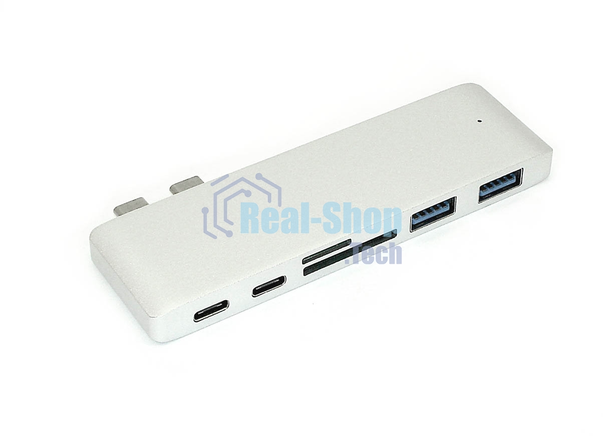 Адаптер сдвоенный Type-C на USB 3.0*2 + Type-C* 2 + SD/TF для MacBook, серебристый