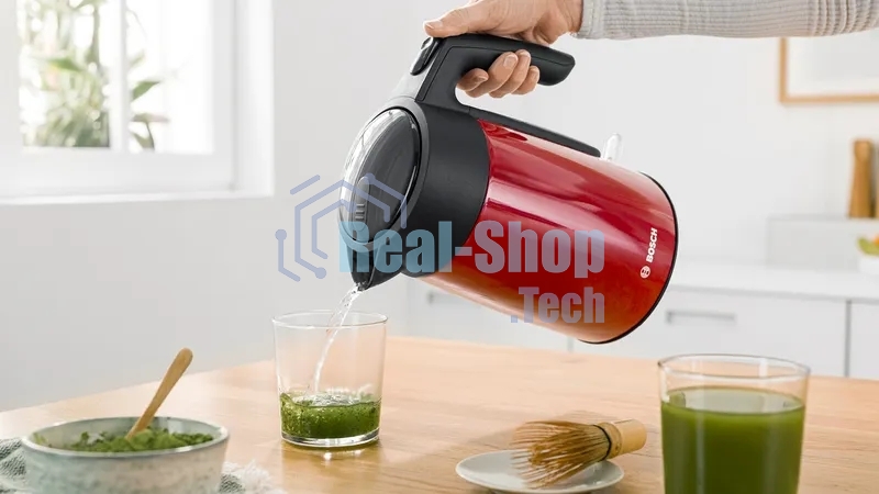 Чайник электрический Bosch TWK7L464, 1.7л, 2400 Вт., нерж.сталь, покрытая эмалью, красный,шкала уровня воды