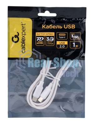 Кабель USB2.0 Cablexpert CC-USB2-CMCM-60-1M-W, Type-C/Type-C, 3А, 60Вт, PD/QC3.0, медь, 1м, белый, пакет
