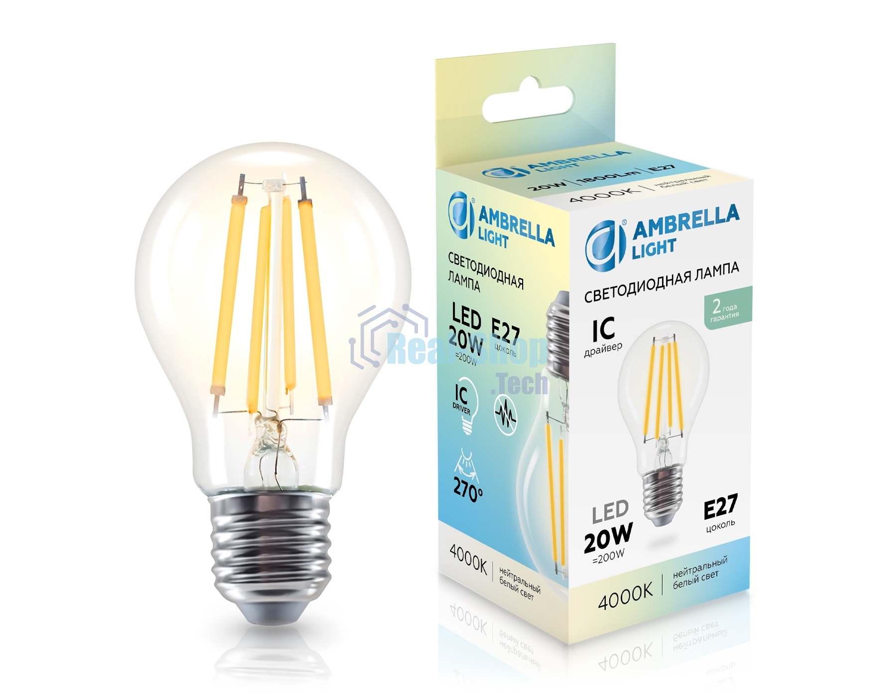 Лампа светодиодная 602014 Filament LED A60 20W IC E27 4000K 220-240V