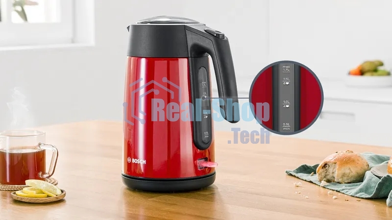 Чайник электрический Bosch TWK7L464, 1.7л, 2400 Вт., нерж.сталь, покрытая эмалью, красный,шкала уровня воды