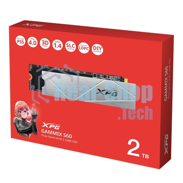 Накопитель SSD ADATA XPG GAMMIX S60, 2Tb, PCIe 4.0 x4, M.2 2280, NVMe, R/W 5000/4200, с радиатором