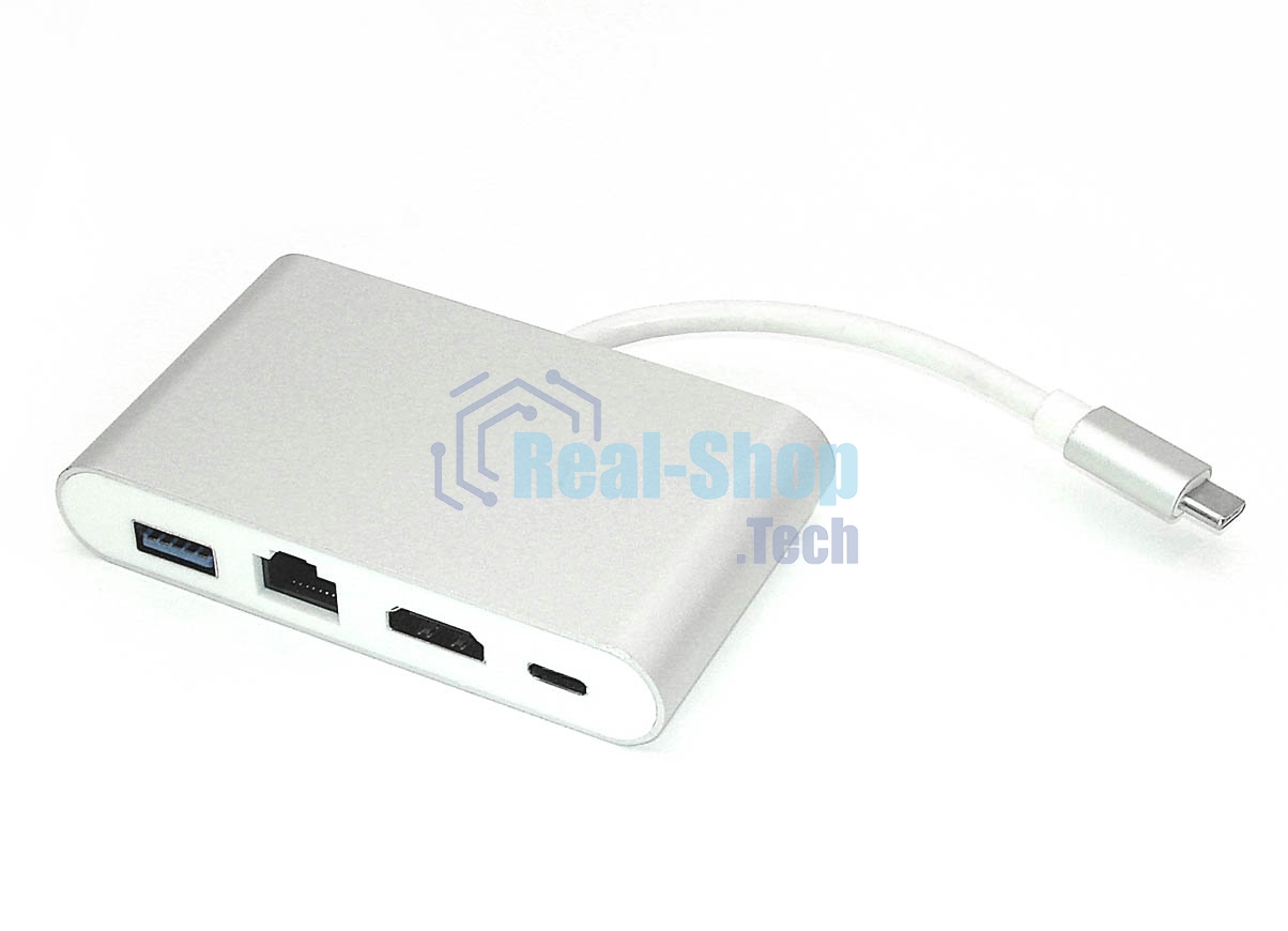 Адаптер Type-C на HDMI, USB 3.0 + RJ45, серебро