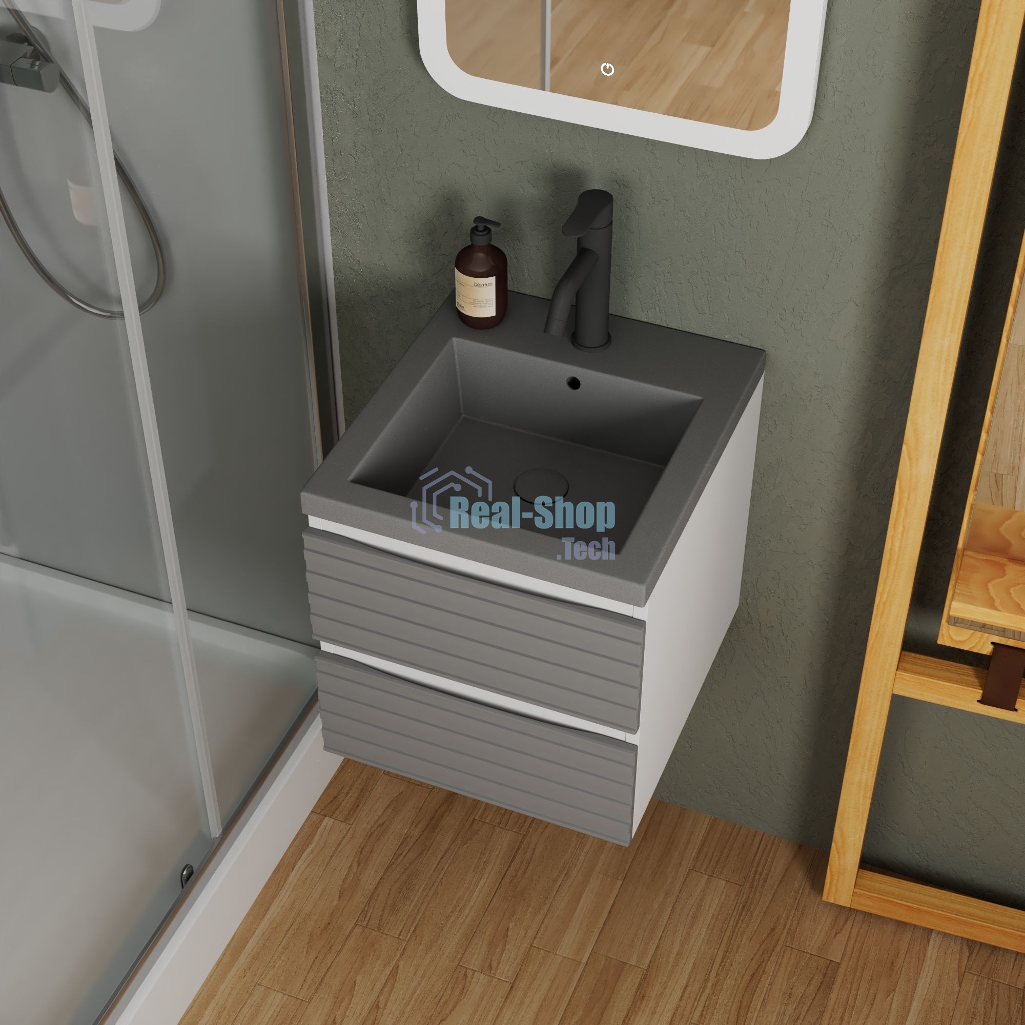 Тумба под раковину Bau Stil Loft grey brushed, раковина кварцевая BAU Stil 40, серый металлик, смеситель Dream Black, черный