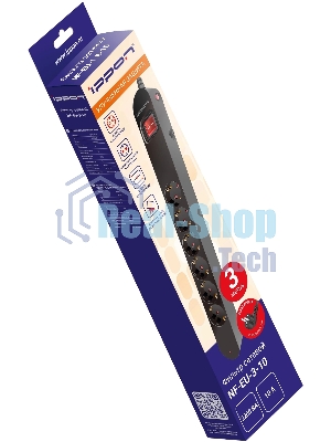 Сетевой фильтр Ippon NF-EU-3-10 3 м, 6 розеток, черный, коробка