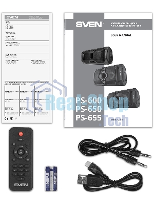 Мобильные колонки SVEN PS-655 2.0 черные (2x25W, mini Jack, USB Type-C, USB flash, Bluetooth, FM, micro SD, ПДУ, LED экран, 4400 мA, RGB подсветка)