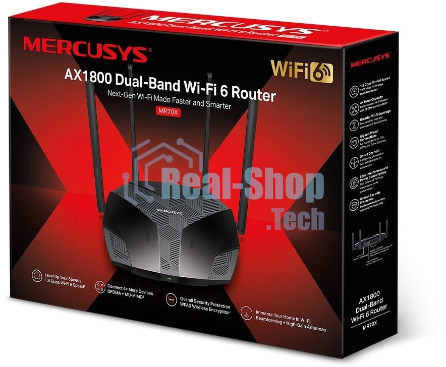 Роутер Mercusys MR70X AX1800 Dual-Band WiFi 6 Router, 574 Mbps at 2.4 GHz + 1201 Mbps at 5 GHz,4× Fixed External Antennas, 3× Gigabit LAN Ports, 1× Gigabit WAN Port, 1024-QAM, OFDMA, Router/Access Point Mode, MU-MIMO, WPA3, TWT, BSS Color