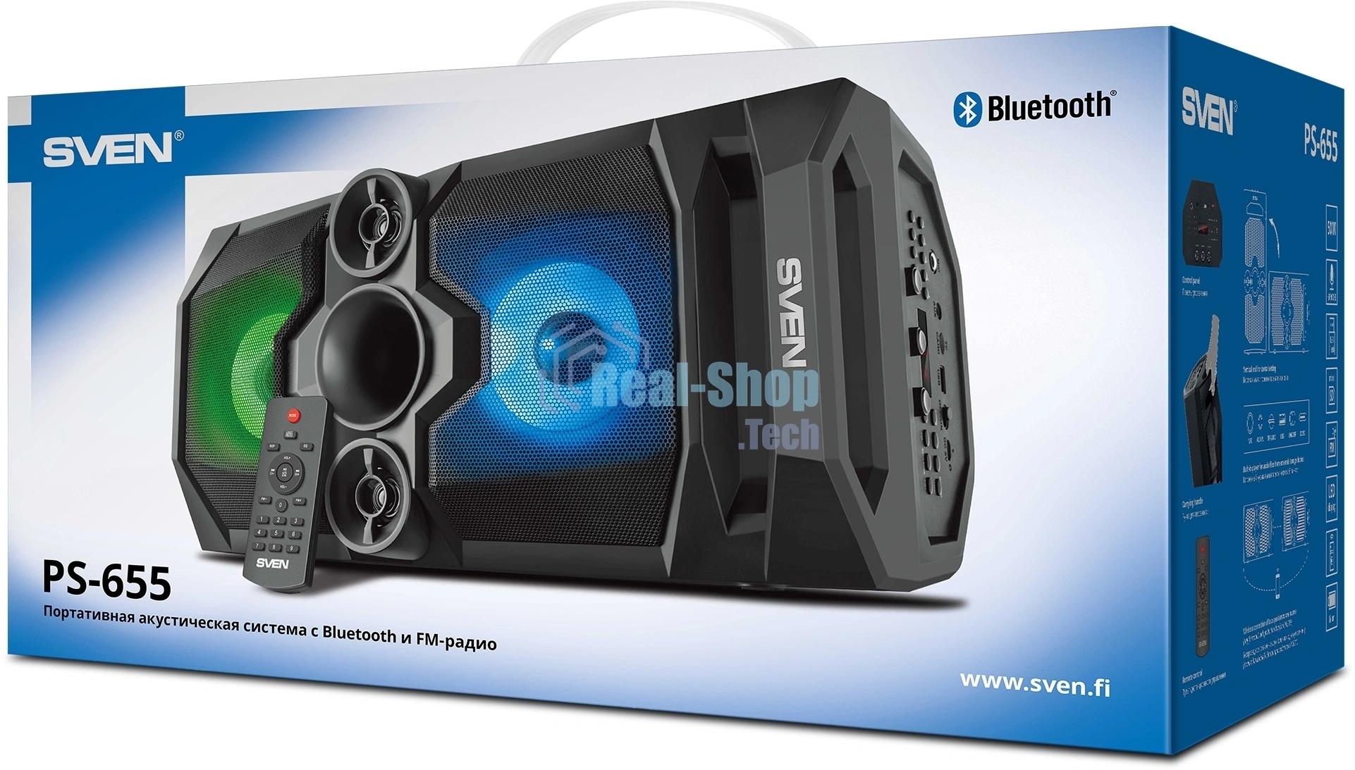 Мобильные колонки SVEN PS-655 2.0 черные (2x25W, mini Jack, USB Type-C, USB flash, Bluetooth, FM, micro SD, ПДУ, LED экран, 4400 мA, RGB подсветка)