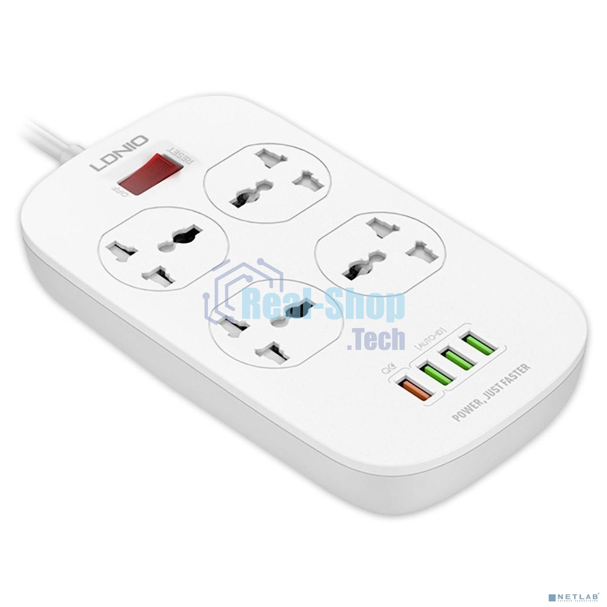 Сетевой фильтр Perfeo LD_B4435 LDNIO SC4407Q/ Сетевой фильтр 2 м / 4 розетки EU_UK_US/ 2500W/ 4 USB+QC 3.0/ Выкл. на розетки/ белый