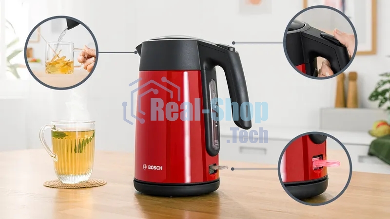 Чайник электрический Bosch TWK7L464, 1.7л, 2400 Вт., нерж.сталь, покрытая эмалью, красный,шкала уровня воды