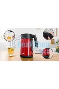 Чайник электрический Bosch TWK7L464, 1.7л, 2400 Вт., нерж.сталь, покрытая эмалью, красный,шкала уровня воды