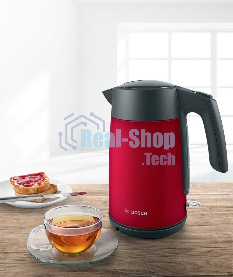 Чайник электрический Bosch TWK7L464, 1.7л, 2400 Вт., нерж.сталь, покрытая эмалью, красный,шкала уровня воды