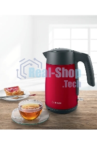 Чайник электрический Bosch TWK7L464, 1.7л, 2400 Вт., нерж.сталь, покрытая эмалью, красный,шкала уровня воды