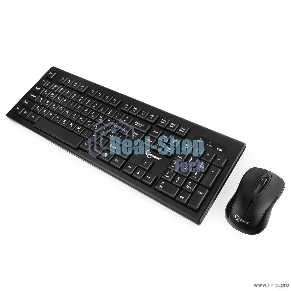 Комплект клавиатура+мышь беспроводные Gembird KBS-8002, 2.4ГГц, черный, 104 клавиши+2 кнопки+колесо кнопка, 1000DPI, батарейки в комплекте