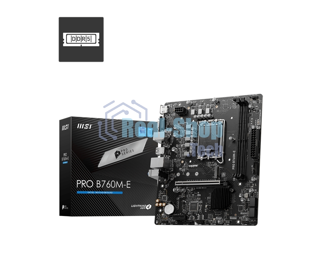 Материнская плата MSI PRO B760M-E, LGA 1700, Intel B760, 2xDDR5, 4xSATA, 1xM.2, 1xPCIe 4.0 x16, 1xPCIe 4.0 x1, 1xHDMI, 1xVGA, 1x1Gb LAN, 2xUSB-A 3.2 Gen 1, 4xUSB-A 2.0, 3x3.5 мм, 7.1, mATX