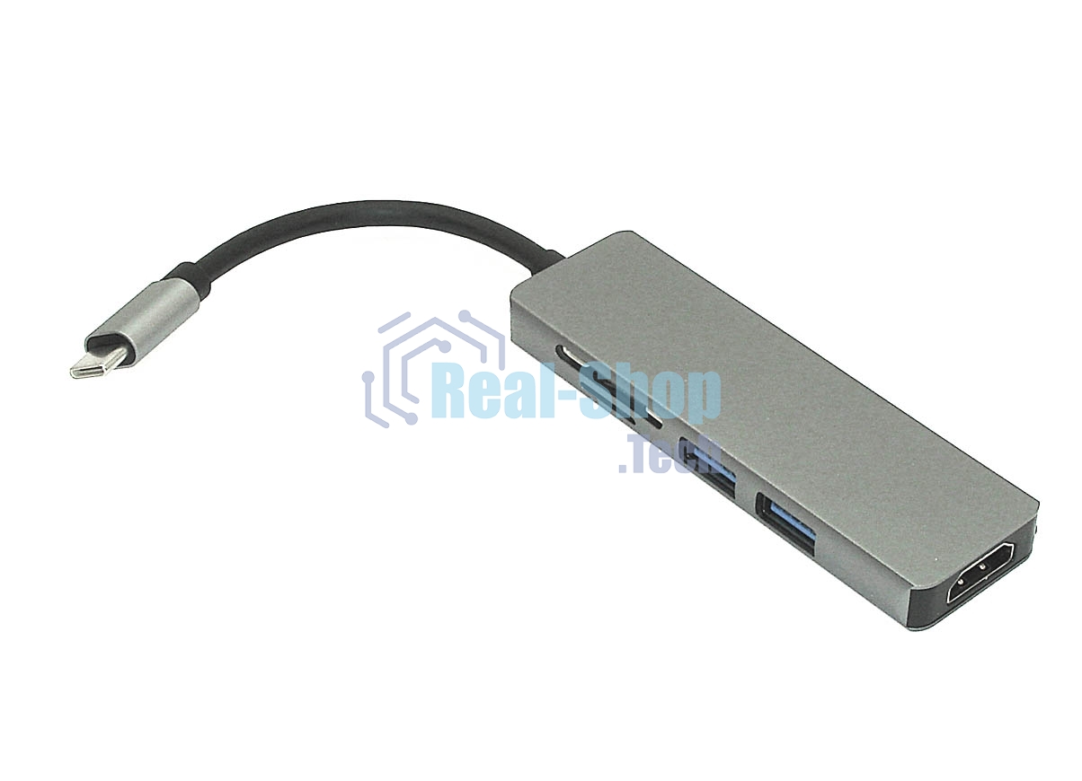 Адаптер Type-C на HDMI, USB 3.0*2 + SD/TF для MacBook, серебро