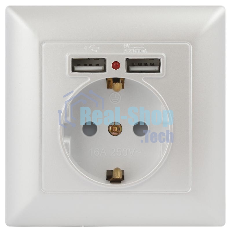 Розетка Intro Solo 4-410-06 с заземлением P+E Schuko со шторками, 16А-250В + 2хUSB, IP20, СУ, перламутр