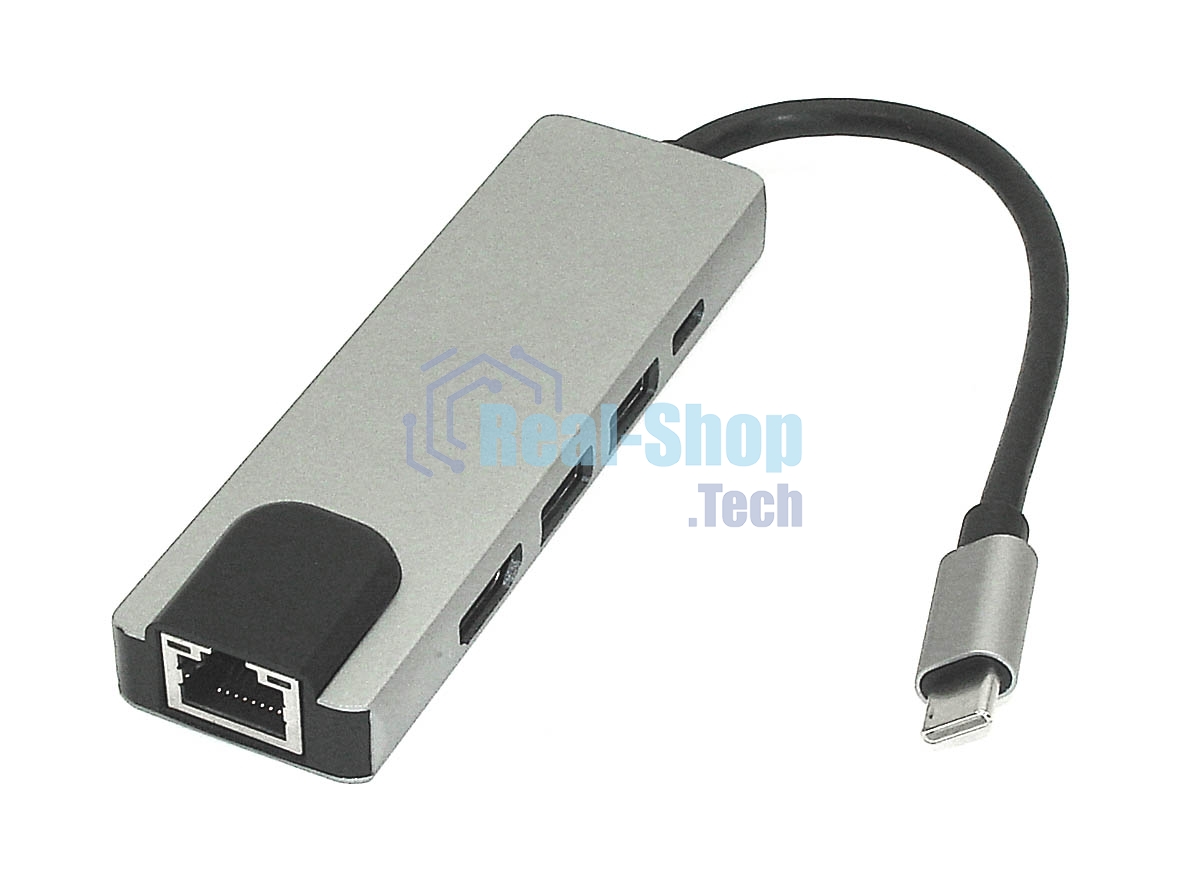 Адаптер Type-C на HDMI, USB 3.0*2 + RJ45 + Type-C, серебро