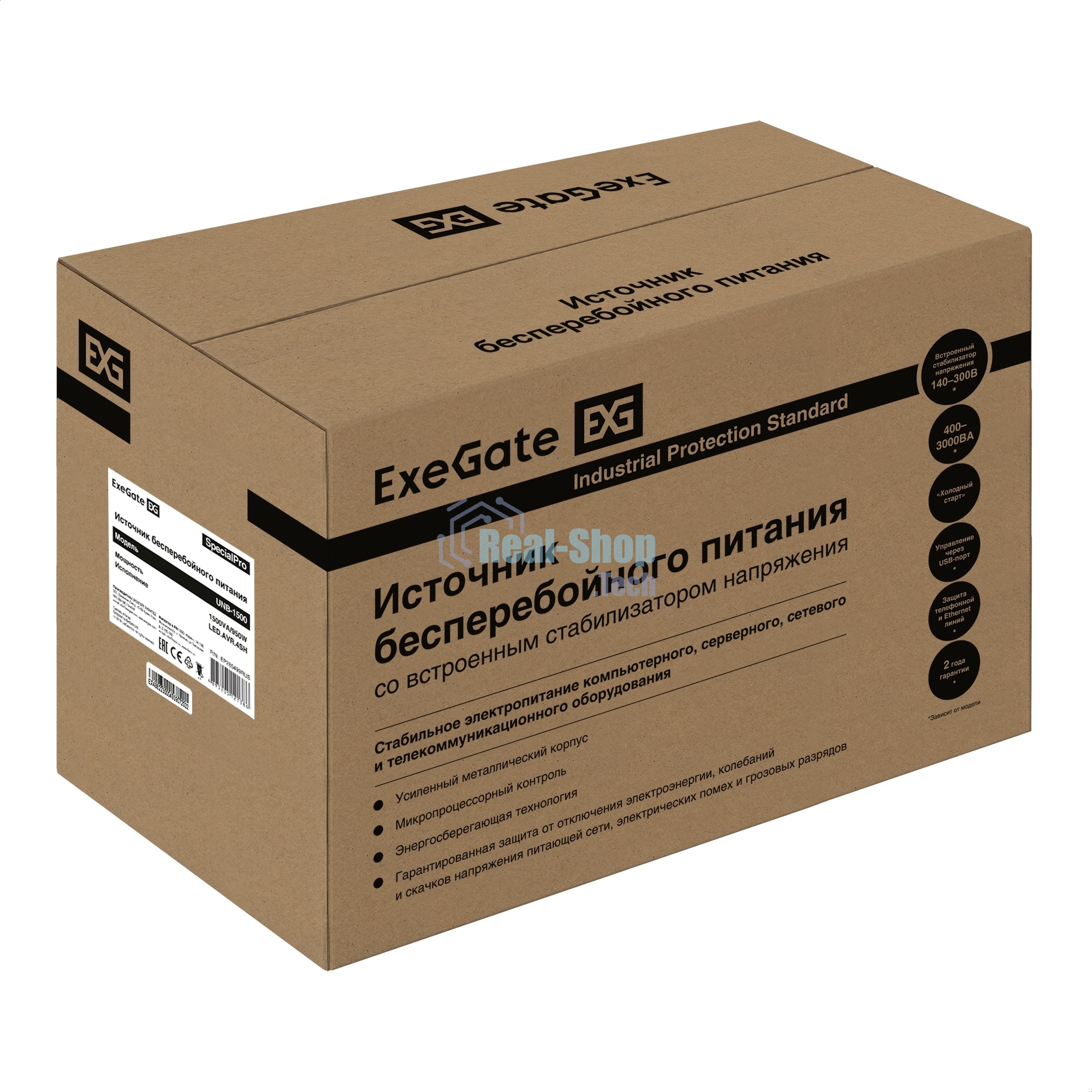 Источник бесперебойного питания ExeGate SpecialPro UNB-1500.LED.AVR.EURO.RJ / 1500 ВА / 950 Вт / 4 x CEE 7 (евророзетка)