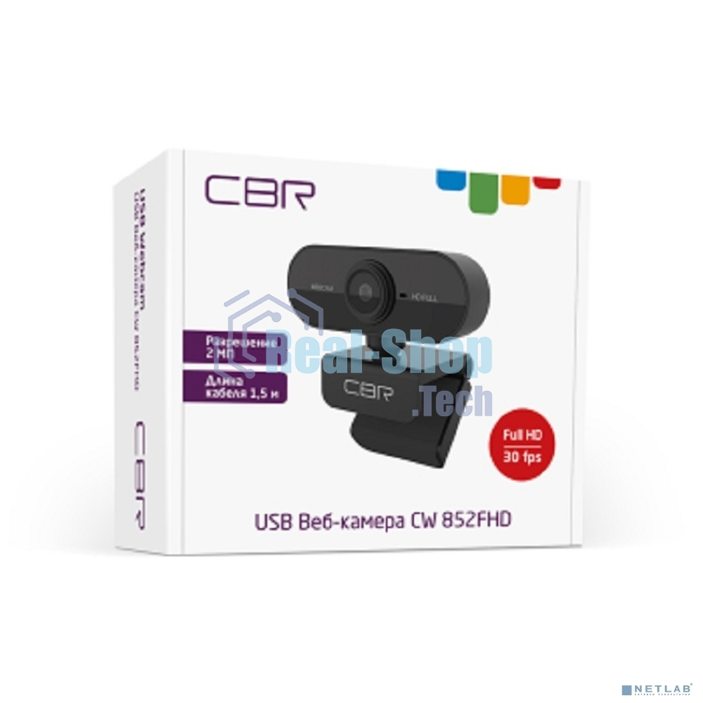 Веб-камера CBR CW 852FHD Black с матрицей 2 МП, разрешение видео 1920х1080, USB 2.0, встроенный микрофон с шумоподавлением, фикс.фокус, крепление на мониторе, длина кабеля 1,5 м, черный
