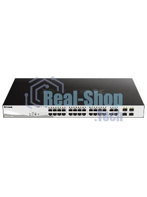 Коммутатор D-Link DGS-1210-28MP/FL1A, L2 Managed Switch with 24 10/100/1000Base-T ports and 4 100/1000Base-T/SFP combo-ports (24 PoE ports 802.3af/802.3at (30 W), PoE Budget 370 W).8K Mac address, 802.3x Flow C