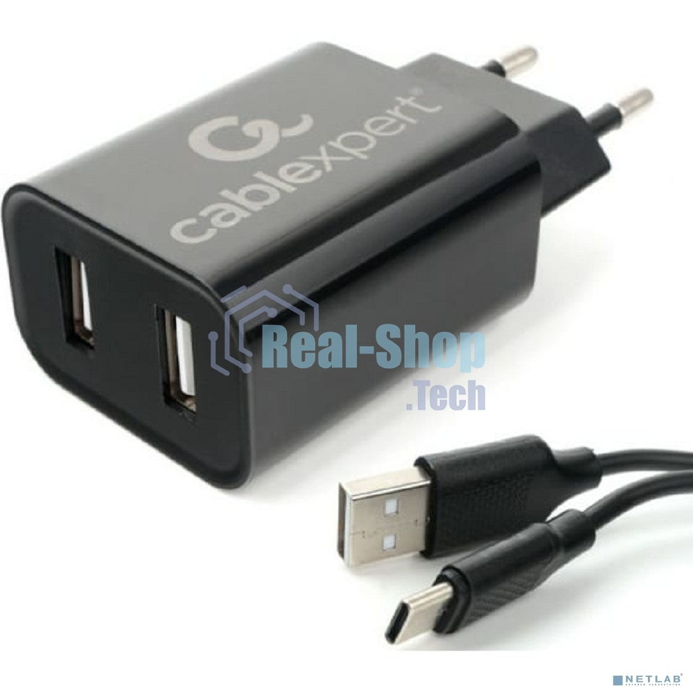 Сетевое зарядное устройство Cablexpert MP3A-PC-37 USB 2 порта, 2.4A, черный + кабель 1м Type-C