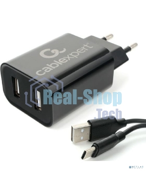 Сетевое зарядное устройство Cablexpert MP3A-PC-37 USB 2 порта, 2.4A, черный + кабель 1м Type-C