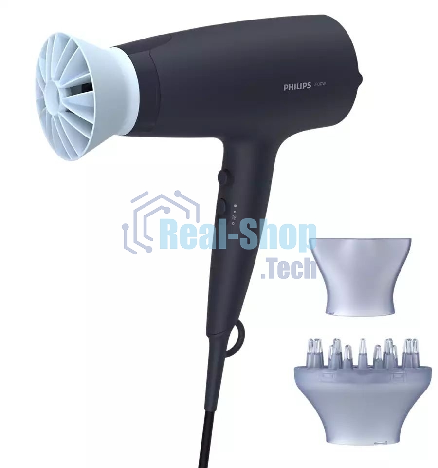 Фен Philips Фен Philips/ 2100 Вт, 6 режимов, ионизация, ThermoProtect, концентратор, диффузор, шнур 1,8 м. синий.