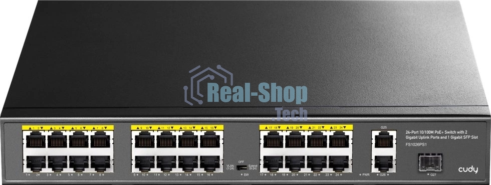 Коммутатор Cudy FS1026PS1, (L2) 24x100 Мбит/с 2x1 Гбит/с, 1SFP, 24PoE, 24PoE+ 300W, неуправляемый