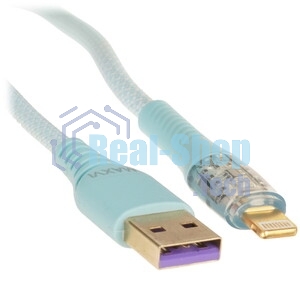 Кабель Maxvi MC-19L blue, USB-A - Lightning, 2.4A, LED ток макс. нагрузки 2.4А, макс. напряжение 5V; стандарт USB 2.0; длина кабеля 1.5м, нейлоновая оплетка, металлические корпуса разъемов,LED подсветка, цвет: синий