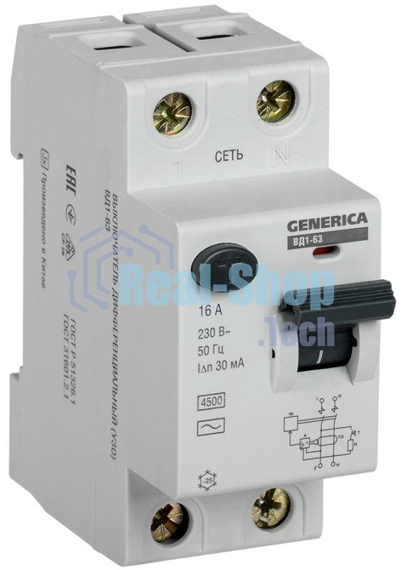 Выключатель дифференциального тока (УЗО) Iek MDV15-2-016-030 ВД1-63 2Р 16А 30мА GENERICA