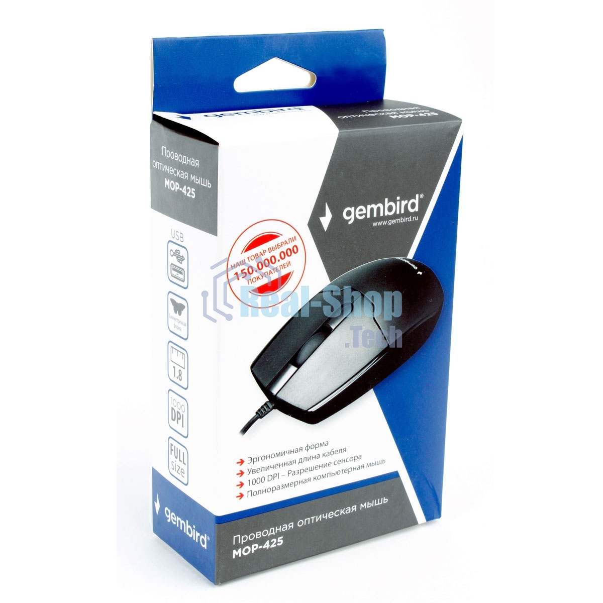 Мышь проводная Gembird MOP-425 черный, 1000 dpi, USB, кнопки - 3