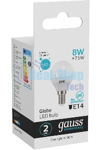 Лампа светодиодная LED Gauss 8Вт E14 220В 4100К Elementary шар 53128