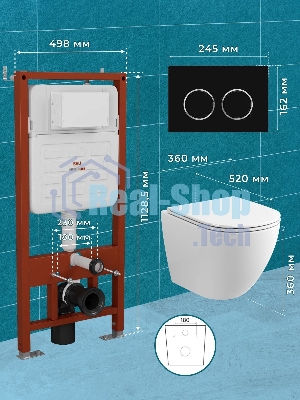 Комплект BAU 6 в 1: усиленная инсталляция BAU IDEAL, унитаз подвесной безободковый торнадо обратного потока Bau Dream 52х36 Hurricane-2, сиденье дюропласт микролифт, клавиша BAU Round, черная матовая