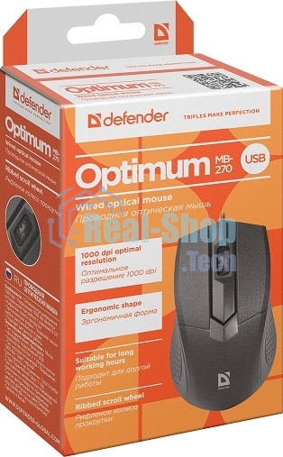 Мышь проводная Defender Optimum MB-270 черный, 1000 dpi, USB, кнопки - 3