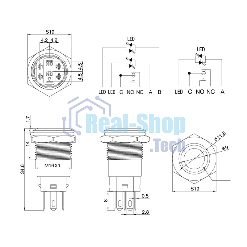 Кнопка антивандальная Rexant Ø16 250В Б/Фикс (5с) (ON)-OFF плоская подсв/красная POWER