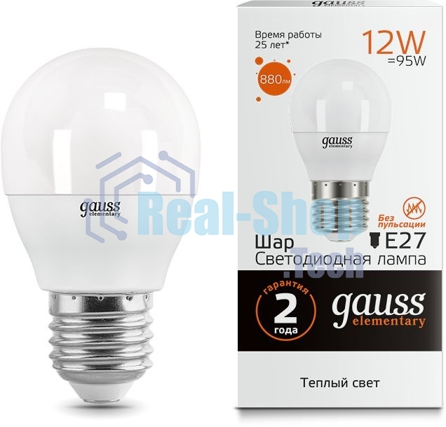 Лампа светодиодная Gauss Elementary Шар 12Вт 880лм E27 3000К