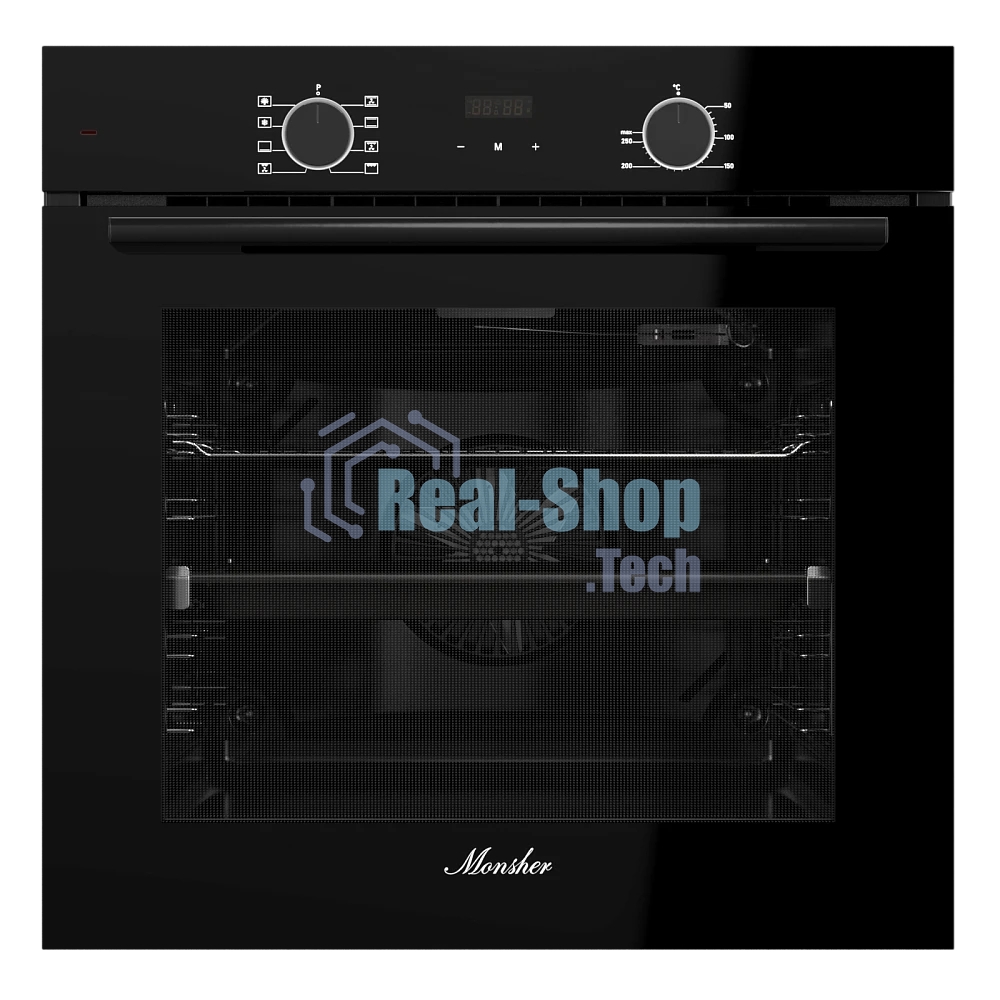 Духовой шкаф Monsher MOE 6008 Noir, 60 см, объем 80 л, утапливаемые переключатели, механический таймер, 2 стекла в дверце, 8 режимов, телескопические направляющие (на 1 уровень), энергоэффективность А, черный