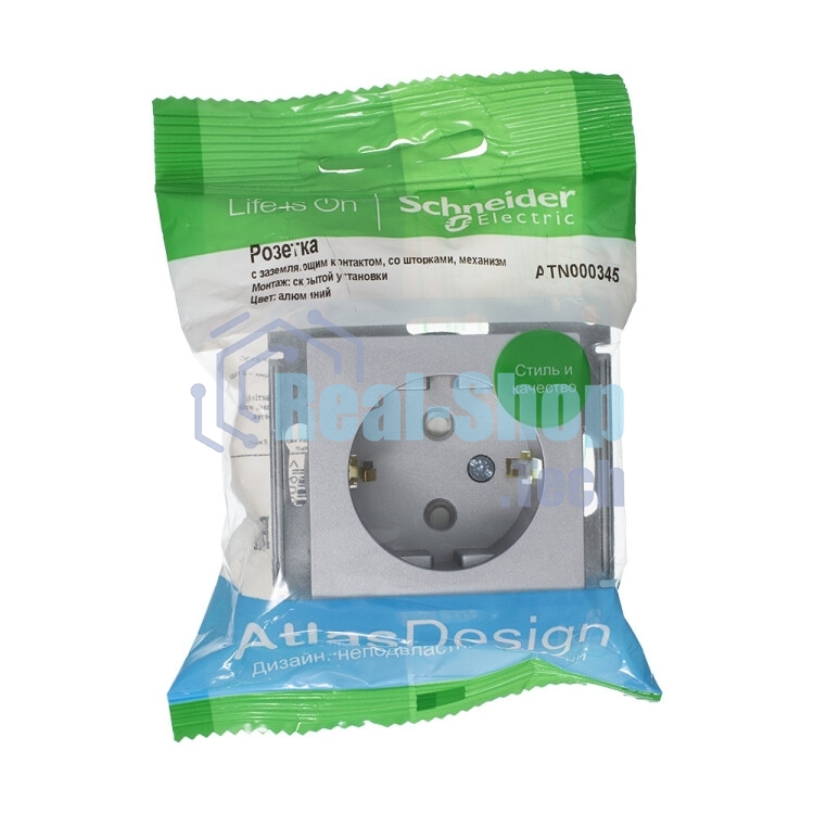 Механизм розетки 1-м СП AtlasDesign с заземл. защ. шторки 16А алюм. SchE ATN000345