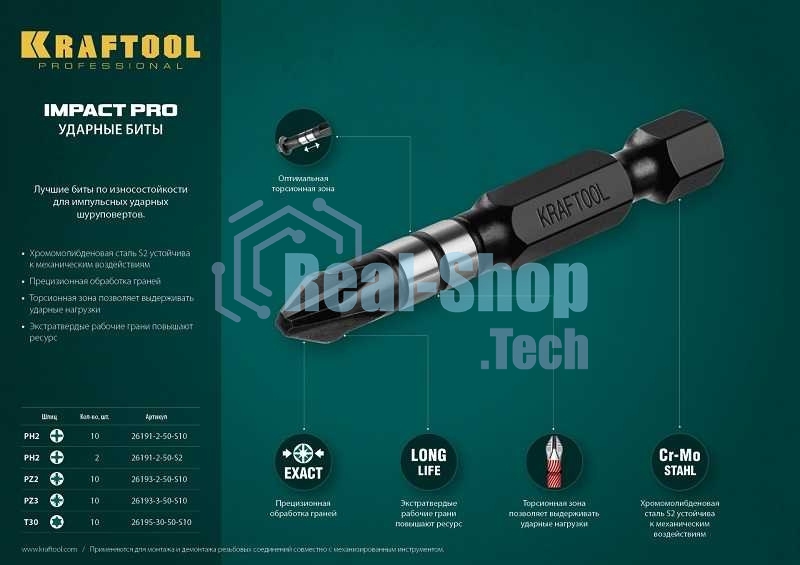 Биты KRAFTOOL Impact Pro, Philips, тип хвостовика E 1/4