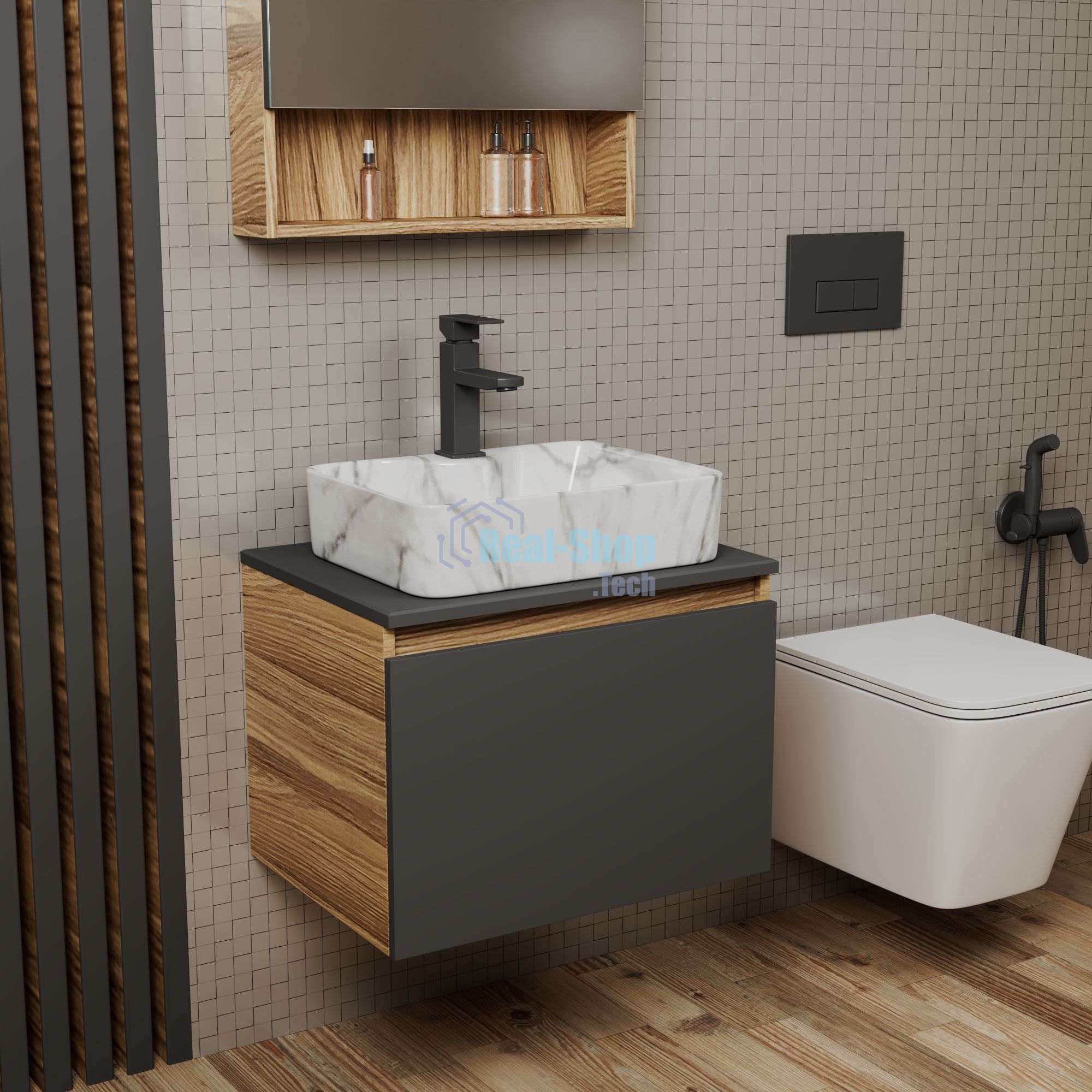 Комплект: тумба Bau Dream Blackwood графит 60, 1 ящик, раковина прямоугольная BAU Cerama 48х37, мрамор, смеситель Hotel Black, черный матовый