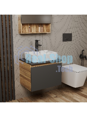 Комплект: тумба Bau Dream Blackwood графит 60, 1 ящик, раковина прямоугольная BAU Cerama 48х37, мрамор, смеситель Hotel Black, черный матовый