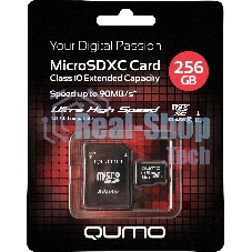 Карта памяти QUMO MicroSDXC 256 GB UHS-I, 3.0 , адаптер в комплекте SD, R/W 90/20 MB/s черно-красная картонная упаковка
